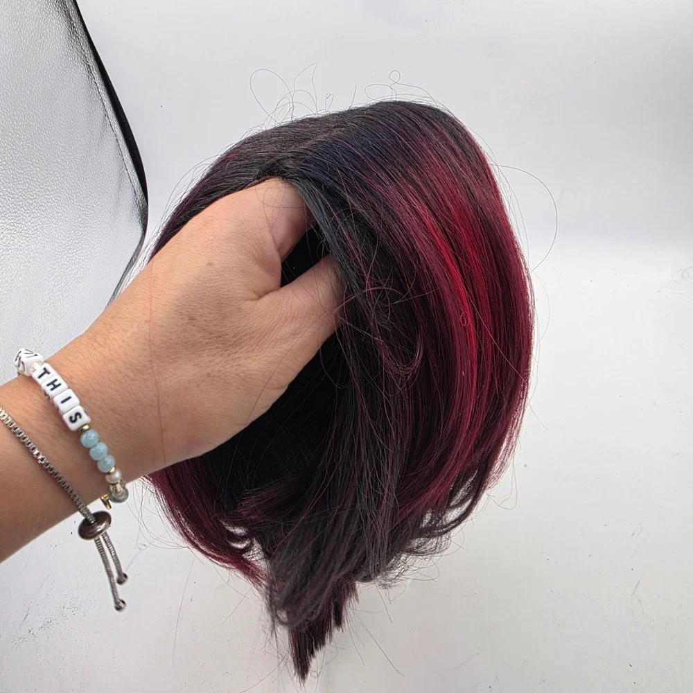 Short Burgundy Red Ombre Bob Wig Lace Front Black Roots Straight Synthetic Hair